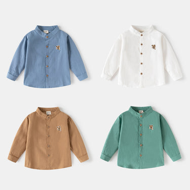 Long Sleeve Shirt Solid Color Stand Collar Boy's Top Trendy Kids Clothing