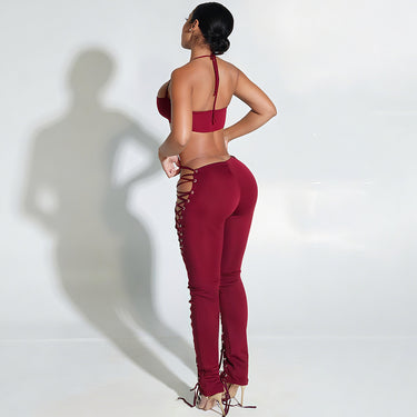 Style Solid Color Halter Neck Tie-Back Top with Belted Sexy Pants Two-Piece Set