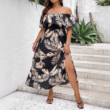 Tropical Print Vacation Summer Women's Plus Size Off-Shoulder Dress Casual Style