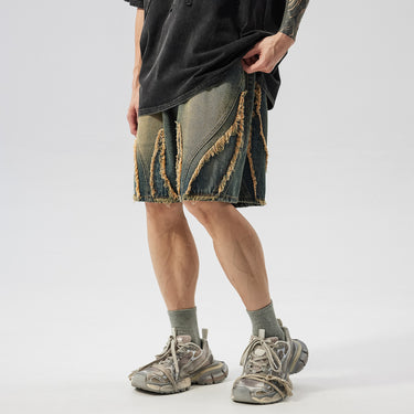 Retro washed frayed fringe denim shorts for men