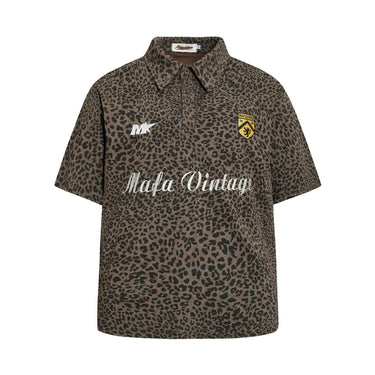 Leopard print badge embroidered short sleeved shirt