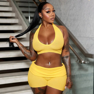 Simple Sweet Spicy Deep V Neck Back Tie Waist Exposing Belted Folded Waist Shorts Two-Piece Set