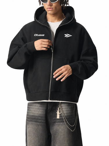 OLVAXE black hoodie — model pose 2, illustrative mockup