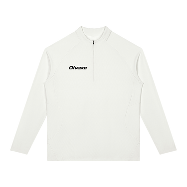 Olvaxe White MT0064 quarter-zip training top — native front mockup, black Olvaxe on wearer’s right chest