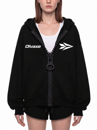 Olvaxe Chunky-Zip Hoodie — Black, AI-generated model simulation, pose 3