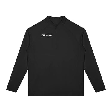 Olvaxe MT0064 black quarter-zip, native front view with white right-chest wordmark