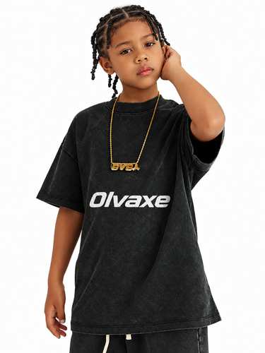 Olvaxe Snow Washed Kids T-Shirt in Black, hand at ear, arm raised — AI worn-product simulation, full head