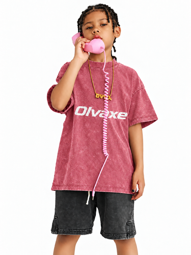 Olvaxe Snow Washed Kids T-Shirt in Cherry Color, pink telephone receiver — AI worn-product simulation, full head