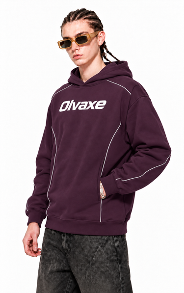 Olvaxe UT0316 oversized piping fleece hoodie in Plum Purple, front view, white chest wordmark — AI-generated selected model preview