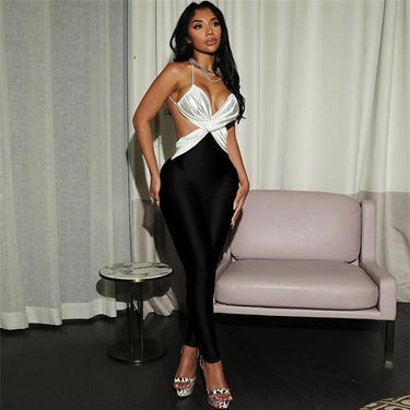 Color-blocked Cross-back High-waisted Bodycon Jumpsuit