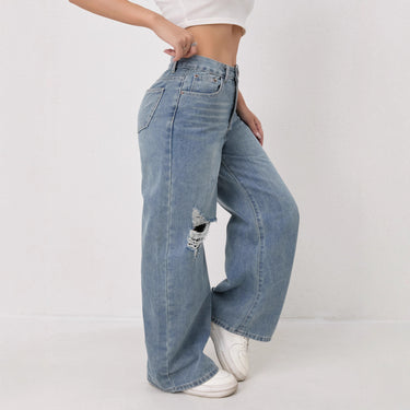 Distressed Ripped Wide-Leg Jeans Women High Waist Loose Denim Wide-Leg Pants Slimming Women's Autumn Jeans