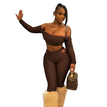 Sexy One-Shoulder Long Sleeve Top with Cutout and Tight Long Pants Set