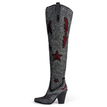 Fashion Western Crystal Thigh High Boots Lady Pointed Toe Over The Knee Slip On Slouchy Booties Luxury Chunky Heel Women's Shoes