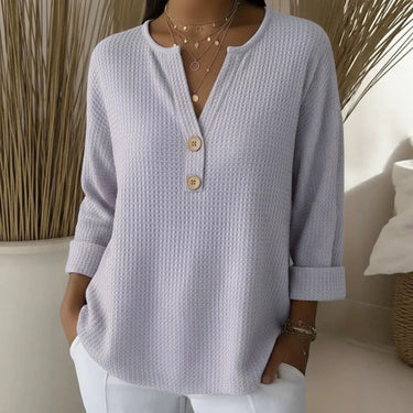V-neck Waffle Knit Women's Sweater Solid Color Casual Long Sleeve Top Pullover