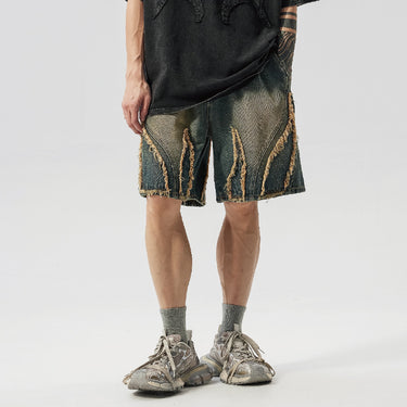 Retro washed frayed fringe denim shorts for men