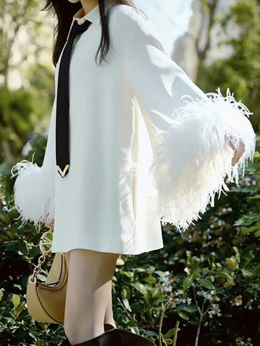 Women's Blouse Dress Feather Sleeve Lapel Button Pullover Solid Color Mini Dresses Spring