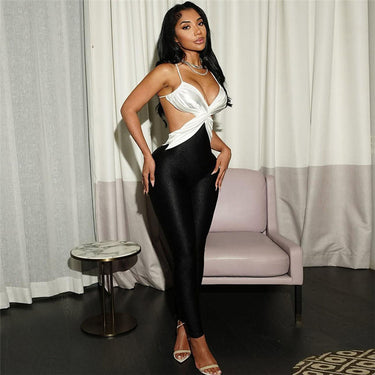 Color-blocked Cross-back High-waisted Bodycon Jumpsuit