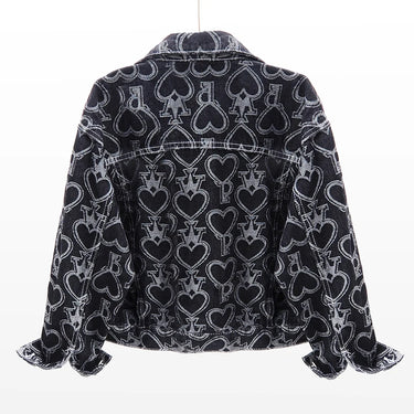 Jeans Jacket Women Heart Shaped Print Fashion Pocket Lapel Black Short Denim Jackets Female  Spring Autumn Loose Jeans Coat
