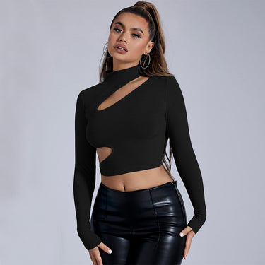 Women's European and American semi high neck black long sleeved sexy tight top