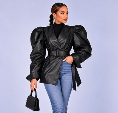 Lautaro Spring Green Pu Leather Jackets for Women with Puff Long Sleeve Belt Runway Stylish Luxury Designer Clothes