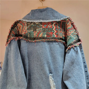 Women Spring Autumn Ethnic Geometry Floral Pattern Embroidered Suits Collar Denim Jacket Rivets Jeans Coat Cowboy Cardigan Tops