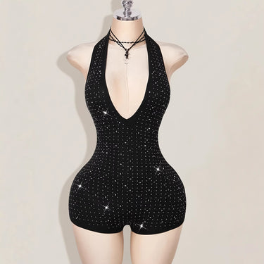 Deep V Backless Rhinestone Bodycon Mini Dress with Halter Neckline