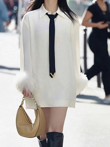 Women's Blouse Dress Feather Sleeve Lapel Button Pullover Solid Color Mini Dresses Spring