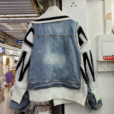 Jeans Jacket Women  Autumn New Big Pocket Knitted Spliced Long Sleeve Lapel Denim Jackets Streetwear Loose Jeans Coat Female