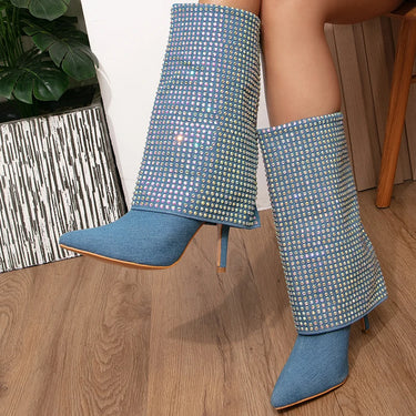 Eilyken  New Blue  Thin Heels Pointed Toe Women Knee High Boots Winter Shoes Female Booties Zapatos Mujer