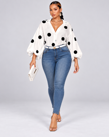 Polka Dot Half-Open Neck Loose Bubble Sleeve Long Sleeve Top (Copy)