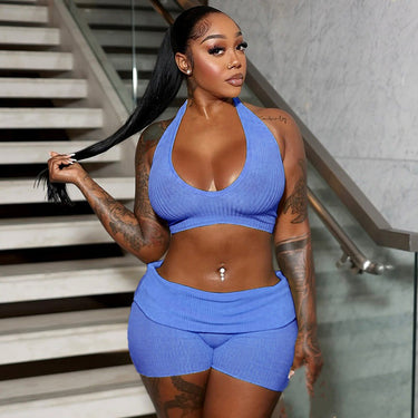 Simple Sweet Spicy Deep V Neck Back Tie Waist Exposing Belted Folded Waist Shorts Two-Piece Set