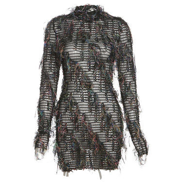Sexy Tassel Dress Women Chic Thin See Through Long Sleeve Spring Trend Hipster Skinny Bodycon Midnight Party Clubwear