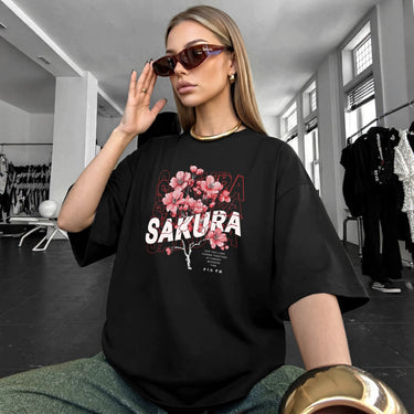 Plum blossom print loose short sleeved round neck T-shirt