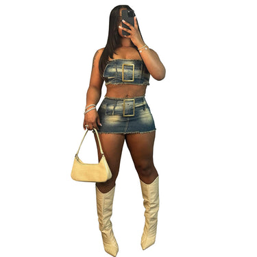 Sexy Women's Two-Piece Set: Strapless Top with Belt and Fashion Fitted SkirtSexy Dress Set