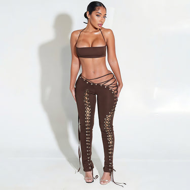 Style Solid Color Halter Neck Tie-Back Top with Belted Sexy Pants Two-Piece Set