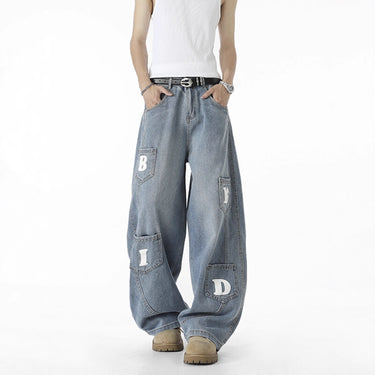 Multi-pocket Washed Knife-cut Pants for Men and Women Autumn American Retro Distressed Jeans, Loose Wide-leg Floor-length Trousers
