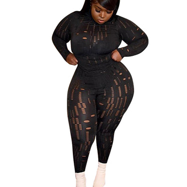 New Women's Elastic Ripped High-Neck Long Sleeved Top Pencil Pants Plus Size Suit