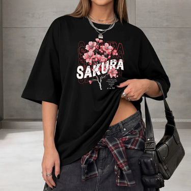 Plum blossom print loose short sleeved round neck T-shirt