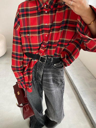Versatile plaid shirt for women, European and American fashion trends, retro plaid top, loose jacket for women