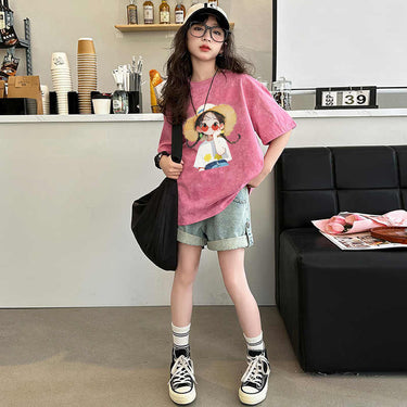 Girls' Round Neck Tie-Dye Top  Mid-Large Child T-Shirt Kids Short Sleeve Baby