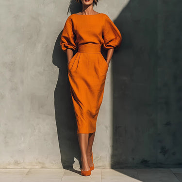 Ship collar A-line skirt shoulder bubble sleeve top high waist pleated half skirt
