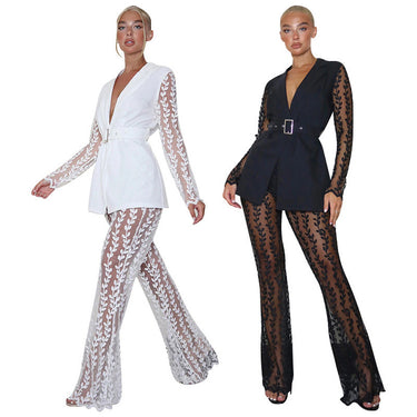 Lace floral long sleeved top and flared pants set