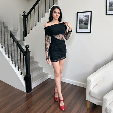 One shoulder lace patchwork long sleeved dress