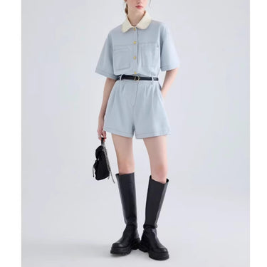 Style Blue Women's  Romper with Peter Pan Collar, High-End Look, Short Sleeve, Casual Fit, Mini Length, One-Piece Clothing