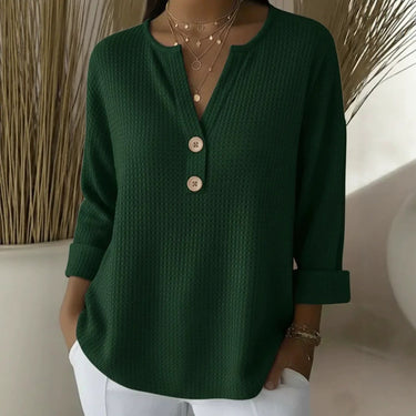 V-neck Waffle Knit Women's Sweater Solid Color Casual Long Sleeve Top Pullover