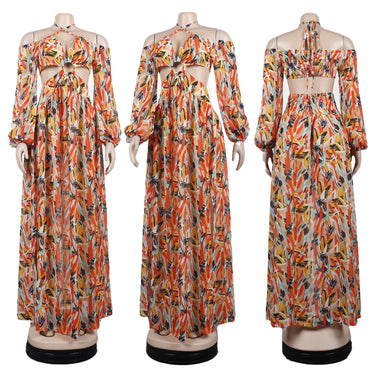 European And American Sexy Chiffon Long Sleeved Off Shoulder Printed Dress Nightclub