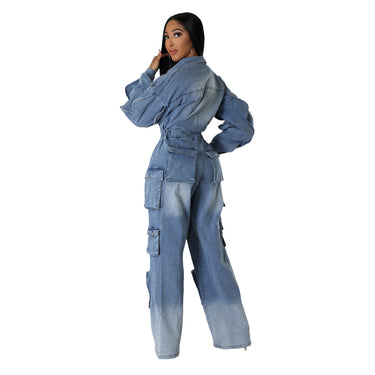 Long sleeved multi pocket wide leg pants