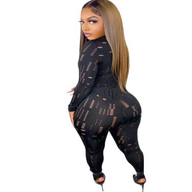 New Women's Elastic Ripped High-Neck Long Sleeved Top Pencil Pants Plus Size Suit