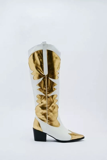 Thick heeled women's shoes, long and short boots, gold stitching women's shoes