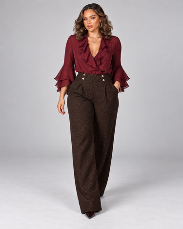 Charming Ruffle Blouse for Women, V-Neck Long Sleeve Shirt Elegant Style Feminine Top